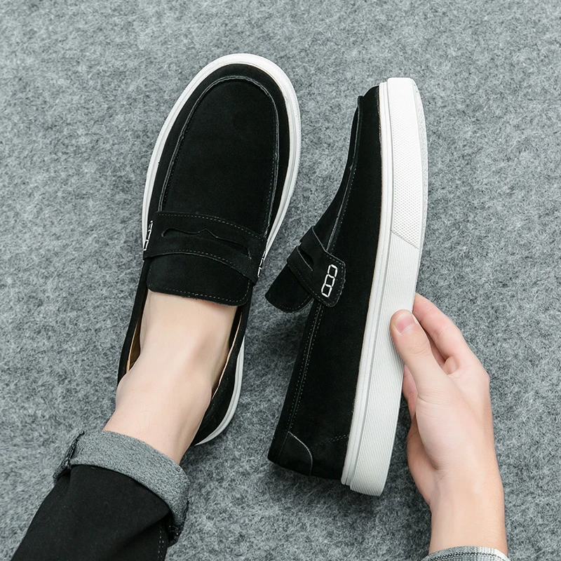 Fashion Trends Mens Black Loafers Shoes Suede Slip on Casual Dress Man’s Shoes Wedding Office White Soled Leather Shoes High-end