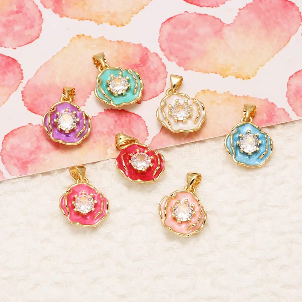 OCESRIO Multicolor Enamel Crystal Rose Flower Pendant for Necklace Copper Gold Plated DIY Jewelry Craft Accessories pdta703