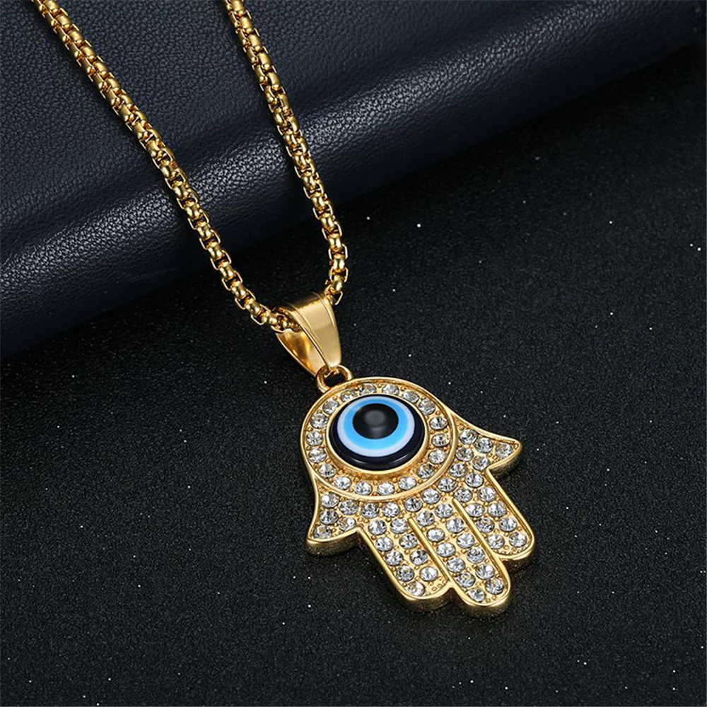 Hip Hop Iced Out Evil Eye Pendant Gold Color Stainless Steel Hasma Hand of Fatima Necklace For Turkish Jewelry Dropshipping