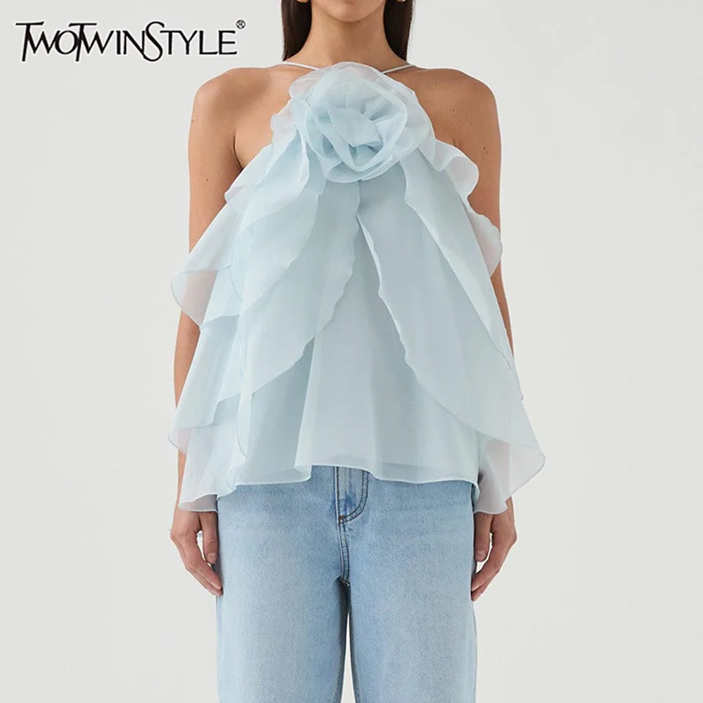 

TWOTWINSTYLE Solid Slimming Fashion Vest for Women Halter Neck Sleeveless Patchwork Ruffles Folds Temperament Top Female Clothes