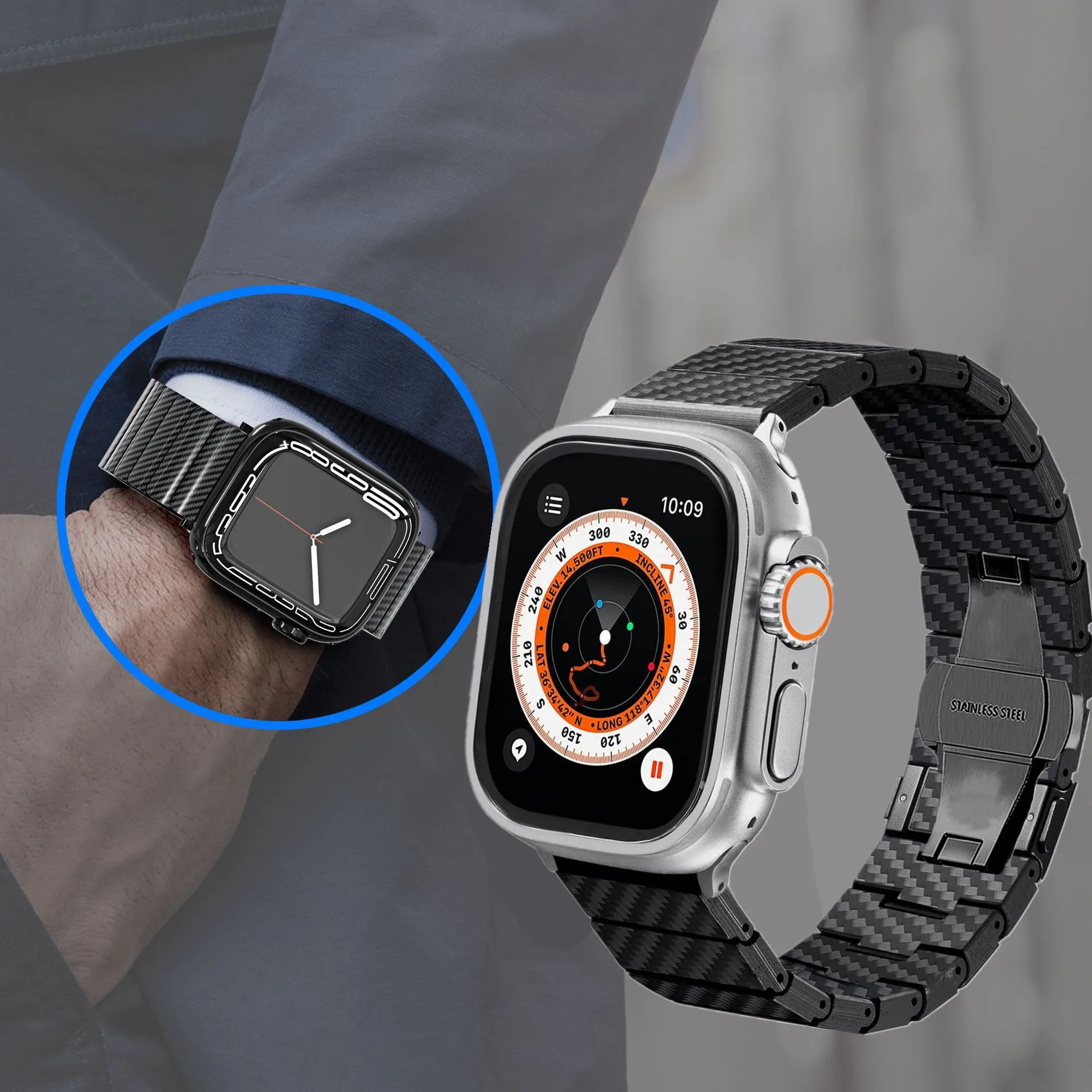 Carbon Fibre Link Band for Apple Watch Ultra 49mm 44 45 38 40 41 42mm Butterfly Buckle Strap for iWatch Series 9 8 7 SE 6 5 4 3