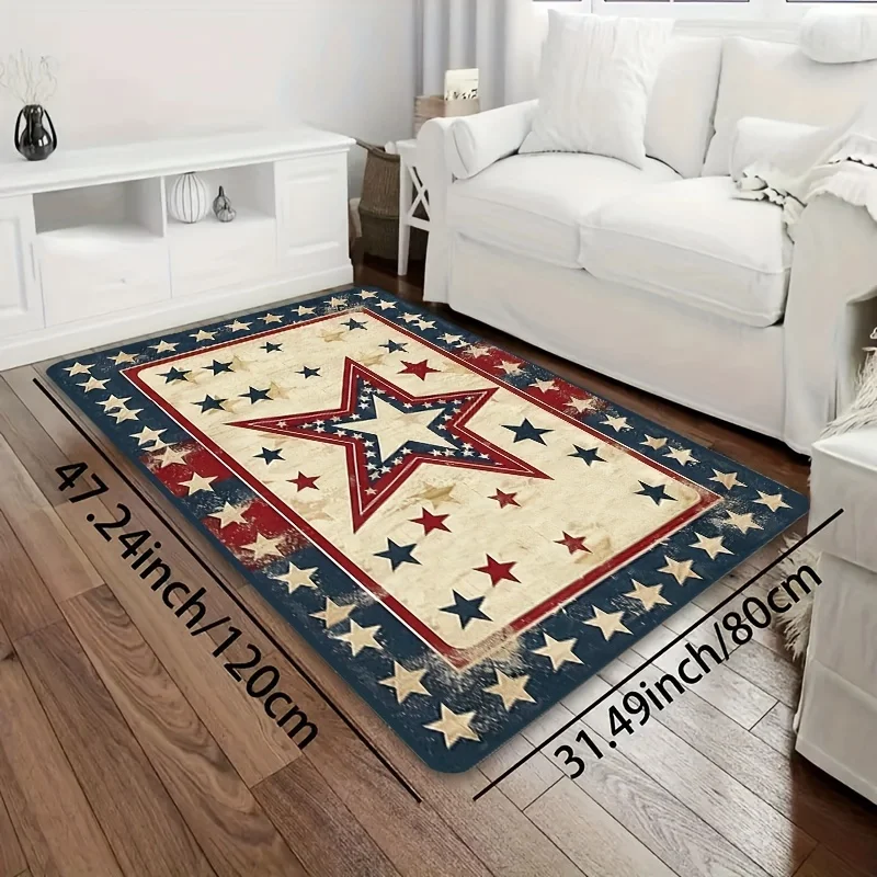 2D Flat Vintage American Stars Patriotic Red White Blue Flannel Doormat Non Slip USA Flag Style Rug For Entryway Kitchen Floor