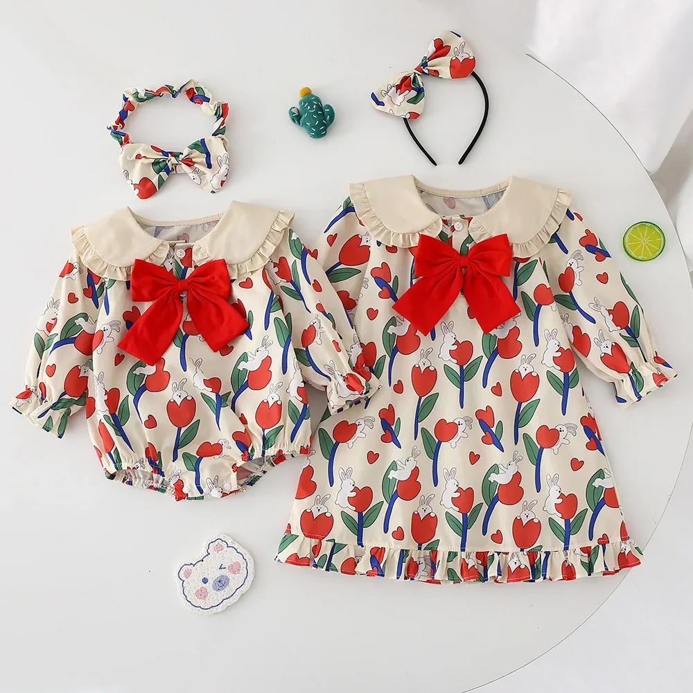 

2024 Ins Spring Newborn Girls Jumpsuit Flower Printed Knotbow Baby Girls Rompers Loose Cotton Toddler Girls Dress