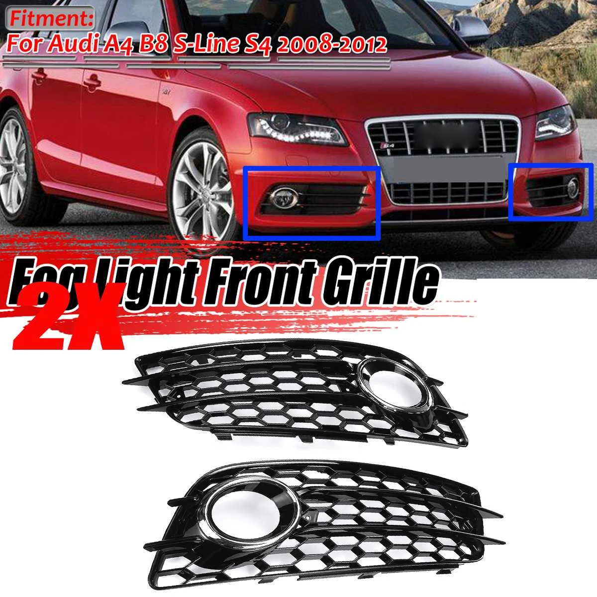 2PCS Car Front Fog Light Grille Cover Honeycomb Fog Lamp Grill For Audi A4 B8 S-Lines S4 Bumper 2008-2012 8K0807681C 8K0807682C