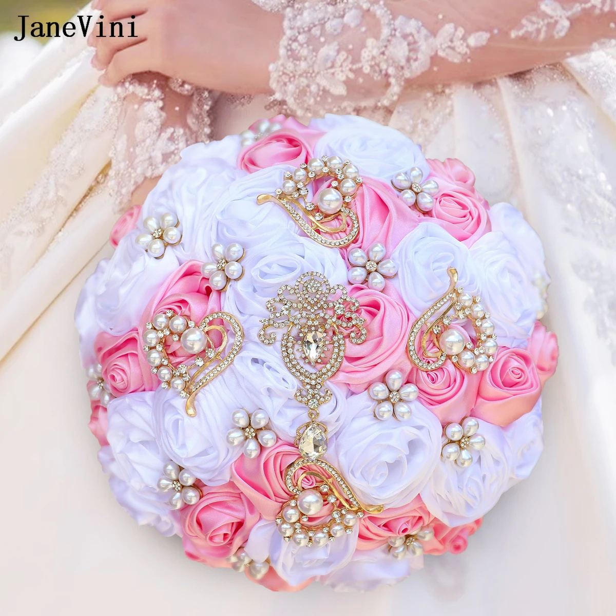 JaneVini Luxury Gold Rhinestone Jewelry Bridal Bouquets Pink White Ribbon Wedding Roses Flowers Artificial Bride Mariage Bouquet