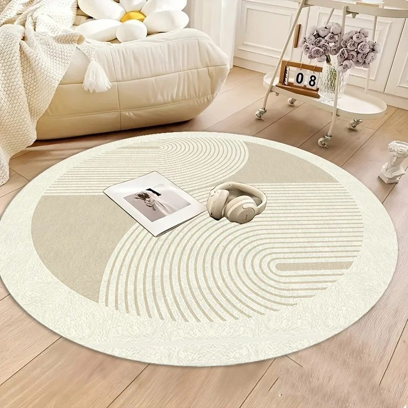 Cream Beige Curved Line Round Rug  Minimalist Geometric Circular Mat Non Slip Floor Carpet Bedroom Vanity Nordic Decor