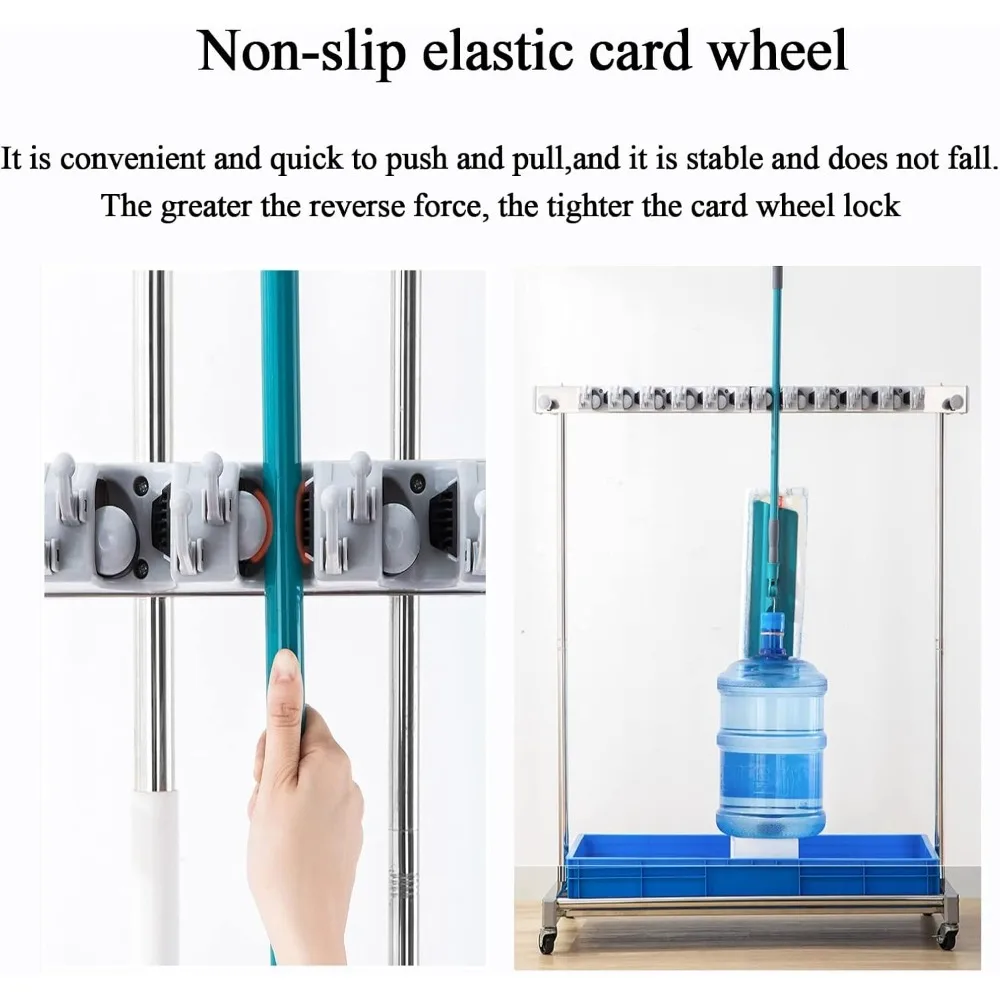 حامل ممسحة مكنسة قائم على الأرض مع تخزين عربة أدوات التنظيف ورف تصريف الممسحة المبللة لتنظيم أدوات الحدائق