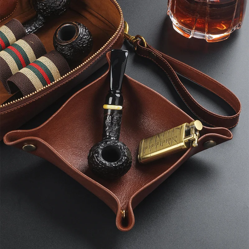 منظم أكياس الأنابيب الجلدية من Veg Tan، سعة كبيرة 3 أنابيب مع جرة تبغ مدمجة، ملحقات أنابيب عتيقة متعددة الأقسام #2