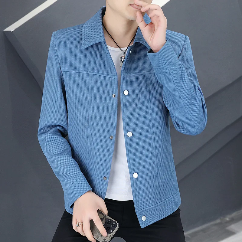 

2024 Autumn and Winter New Men's Lapel Waffle Jacket Youth Fashion Casual Jacket