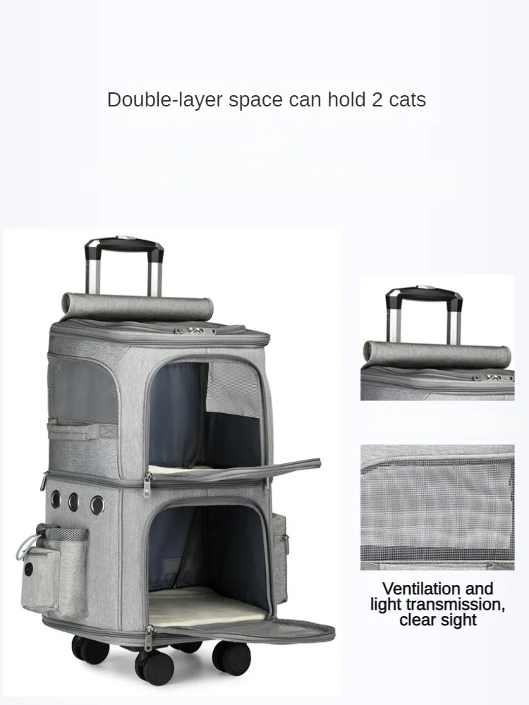 Imagem -03 - Double-layer Pet Trolley Bolsa Viagem ao ar Livre Portátil Silencioso Roda Universal Bolsa de Gato Respirável Carrinho de Cachorro Gatos Portadores