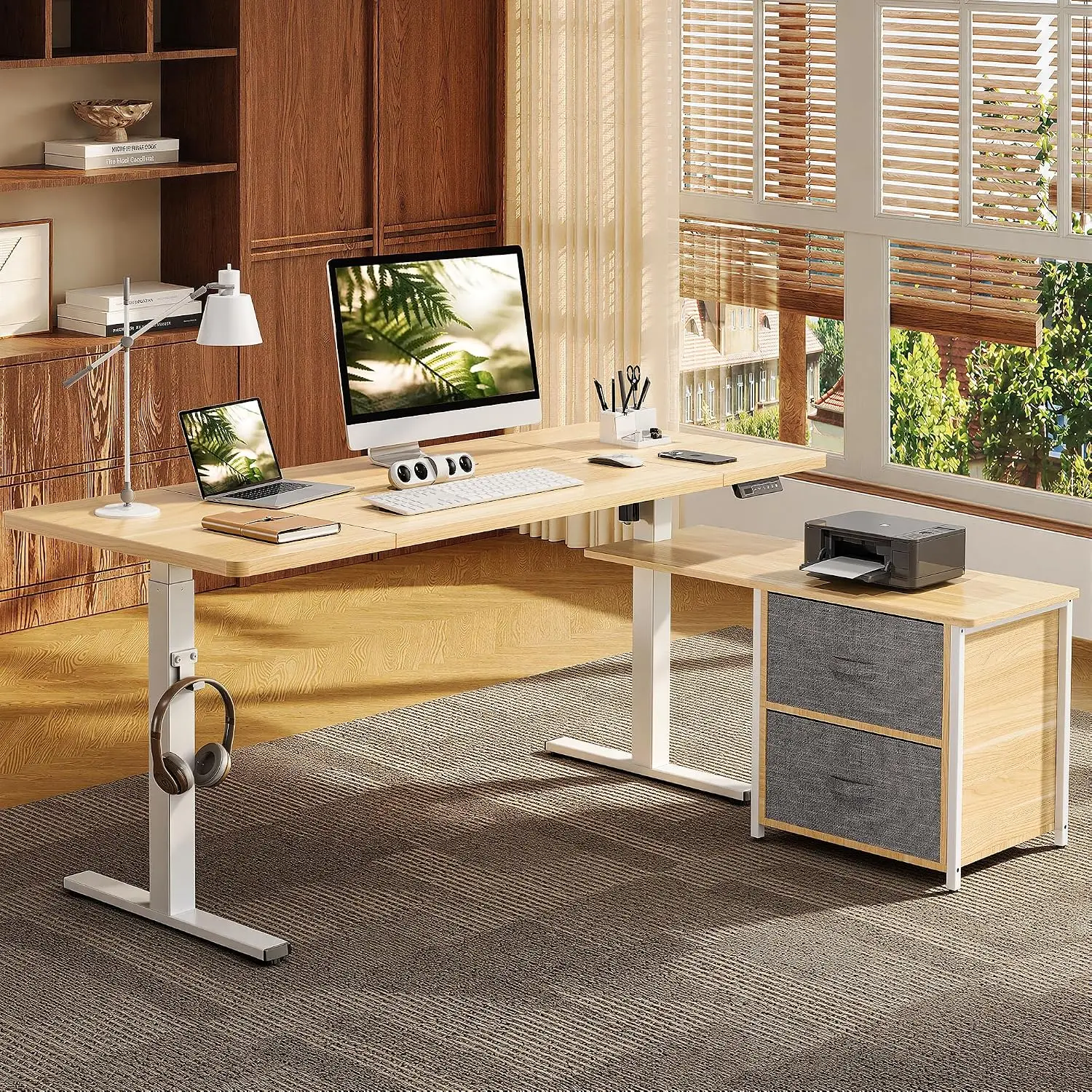 L Shaped Standing Desk with Drawers, 63 x 28