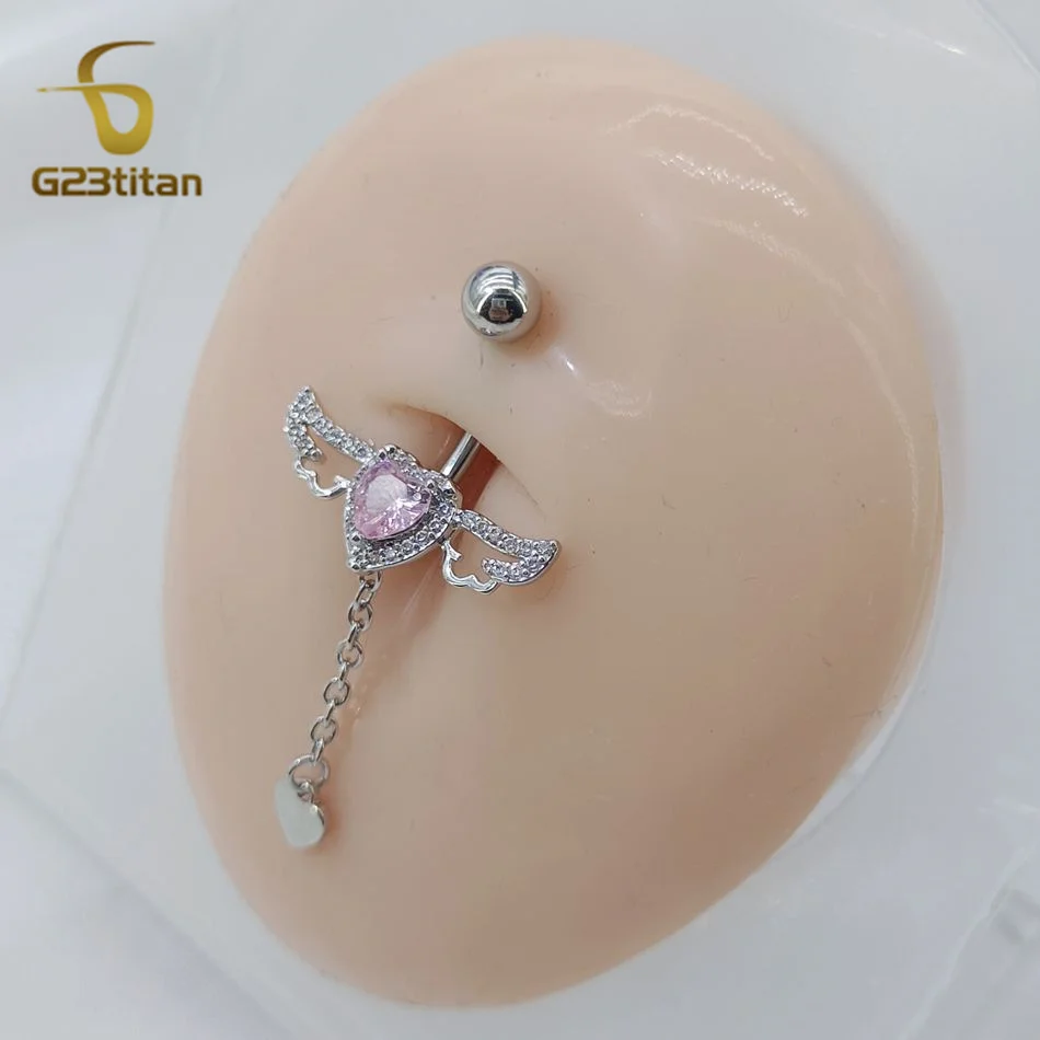 G23titan 6-16mm Titanium Barbell Heart Pendant Wings Belly Button Ring Surgical Body Piercing Anti Allergic Women Navel Jewelry