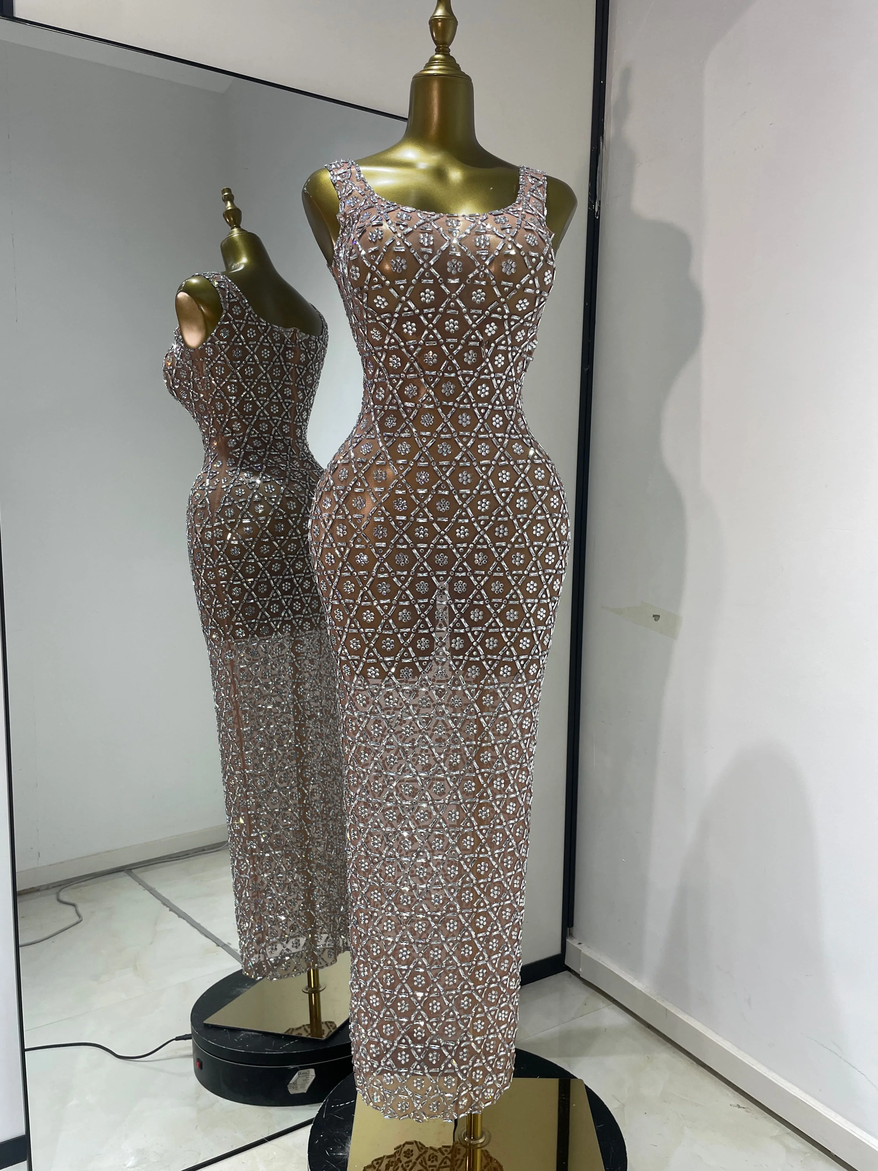 see through flowy dress Sparkly Rhinestones Mesh Maxi Long Women Special Occassion Runway Evening Party Photoshoot Dress Clubwear dress socks