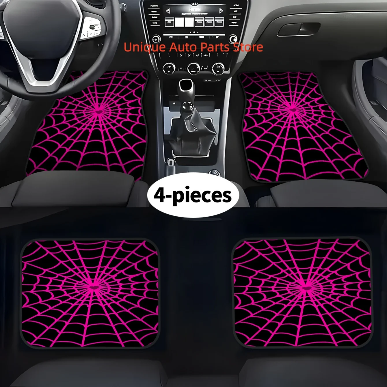 A Set of Four Pink Spider Web Printed Car Mats, Front And Rear Carpets, Suitable for Stylish Car Interior Protection for Cars, T view 3