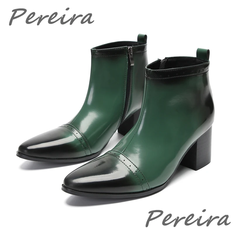 British Style 7CM High Heel Ankle Boots Green Gradient Pointy Toe Men Boots Autumn New Genuine Leather Party Banquet Dress Shoes