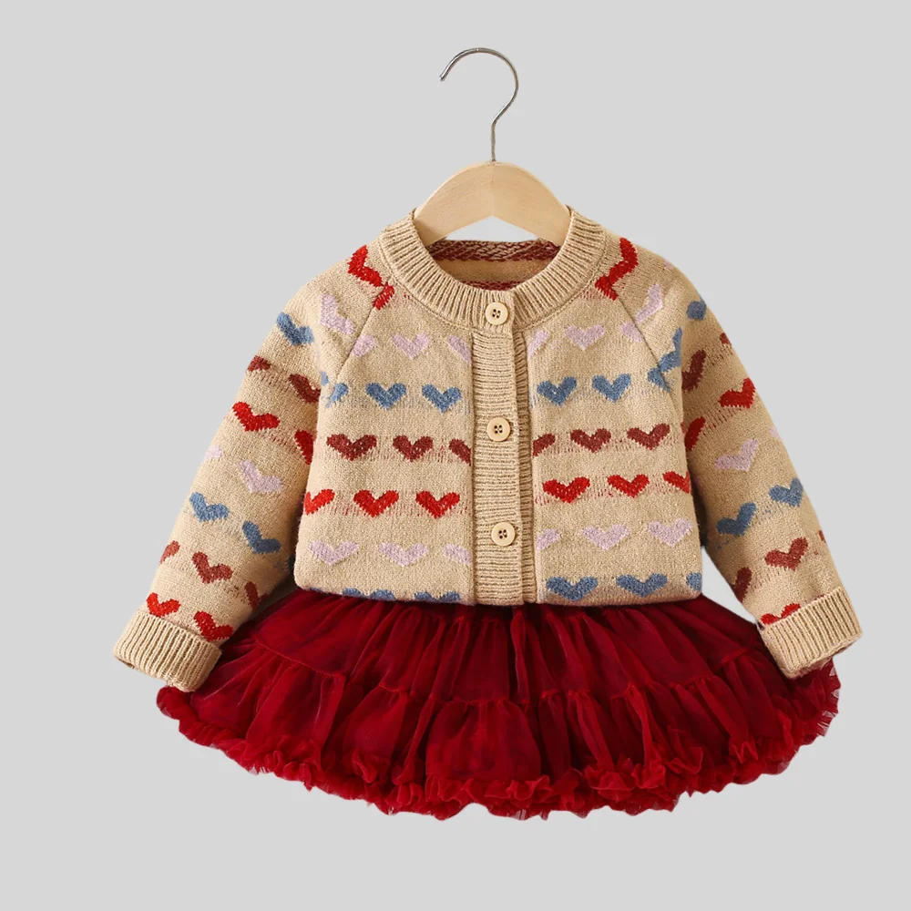 

Autumn New Kids Sweaters Full of Heart Print Knit Cardigans Match Ball Gown Skirt Fashion Girls Outfit