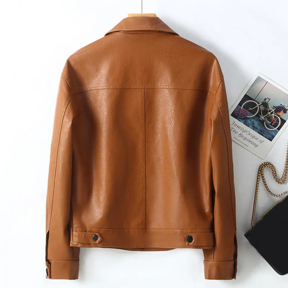 Women Jacket Retro Motorcycle Coat with Smooth Faux Leather Surface Turn-down Collar for Women Stylish Office Commuting