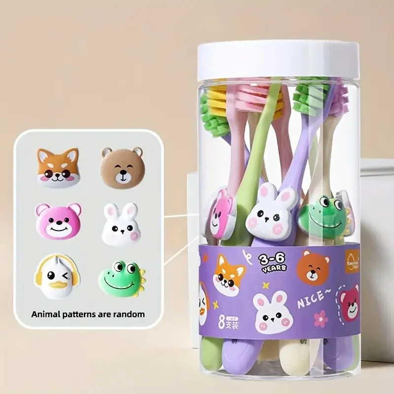 1 Bucket of 8 Cartoon Animal-Patterned Toothbrushes, Soft-Bristle Kids Toothbrushes for 2-3-4-5-6 Year Old Babies and Toddlers, Dental Oral Care, Training Toothbrush, Soft Bristles for Cleaning Teeth and Protecting Gums, Kids Oral Care, Manual Toothbrush, Family Oral Cleaning Tool, Random Patterns, 8-Piece Pack in a Bucket, Multi-Color