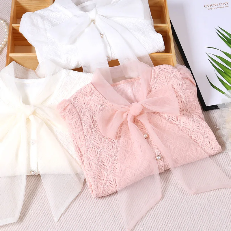 Fashion Baby Girl Blouse Lace Teenager Girl Clothes Shirt Bow Elegant Formal Children Clothing White Pink Kids Outfits Plus Size