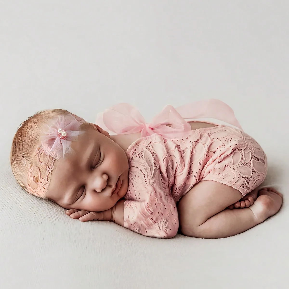 Ylsteed Dusty Pink Newborn Lace Romper Infant Photography Outfits With Matching Headband Baby Girl Photo Shooting Picure Props