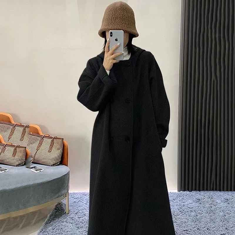 Winter Hooded Double Sided Pure Wool Woolen Outerwear Casual Long Sleeves Coat Women Lapel Double-breasted Loose Long Overcoat