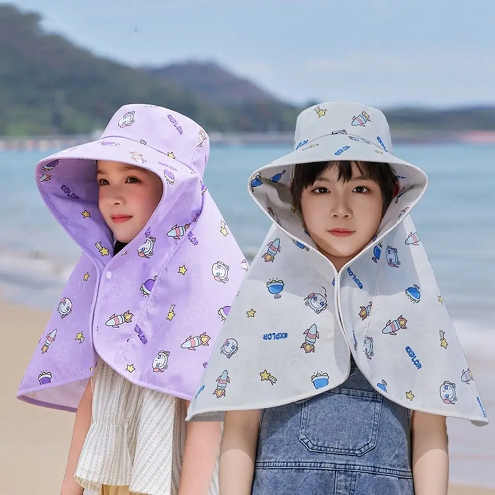 

Quick Dry Big Brim Baby Fisherman Hat Shawl Sun Protection Kids Sunscreen Hat Cartoon Neck Cover Children Beach Cap Spring