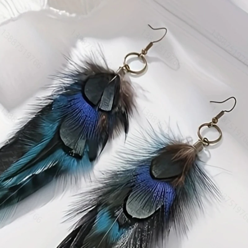 Bohemian ethnic style earrings, antique copper feather alloy ear hooks, women\'s long jewelry