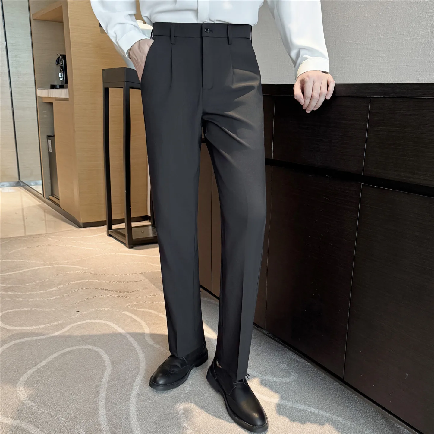 

Autumn Casual Pants Men Elastic Waistband Business Social Suit Pants Solid Color Versatile Office Wedding Trousers Men Clothing