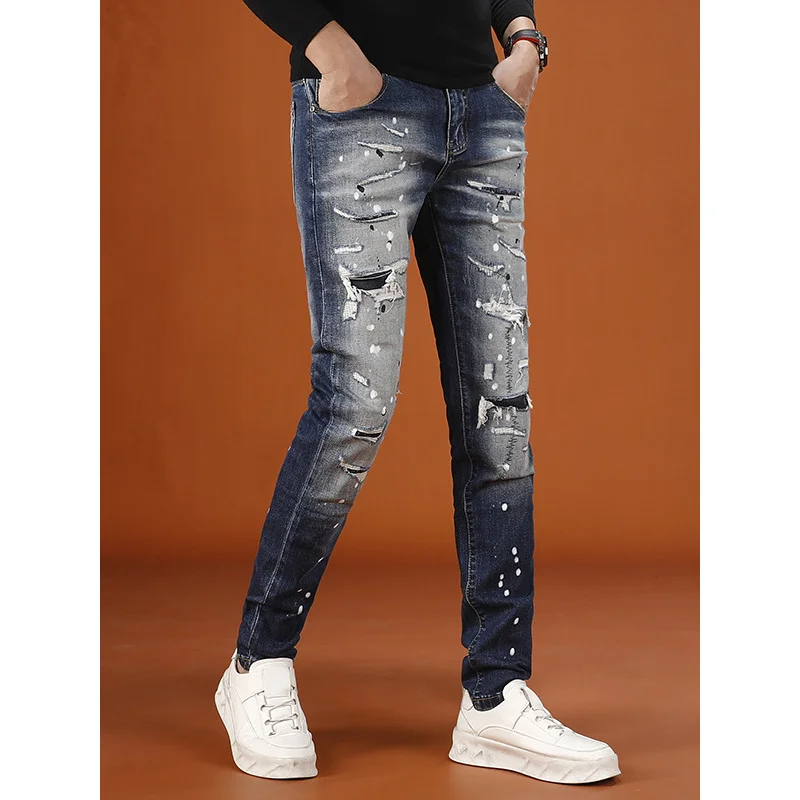 Осенние винтажные рваные брюки мужские 2025 новые высококачественные модные уличные стильные персонализированные красивые эластичные джинсы