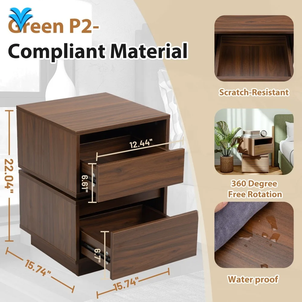 طاولة جانبية قابلة للدوران، طاولة بجانب السرير مع درجين، خزانة ذات درجين لغرفة النوم، جوز