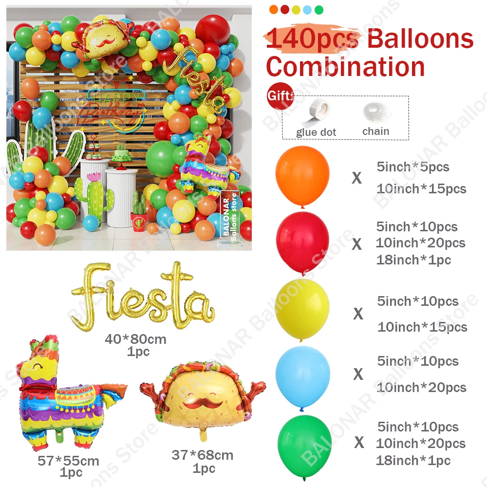 140pcs Mexican Fiesta Party Balloon Garland Arch Kit Cactus Llama Foil Balloons for Taco Twosday Birthday Decor Baby Shower