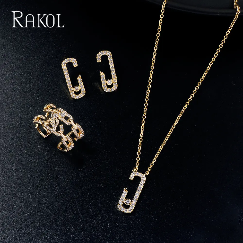 RAKOL 3 Pcs Design Trendy Cubic Zirconia Necklace Earrings Ring Jewelry Set for Women Bridal Wedding Party Dress Accessories