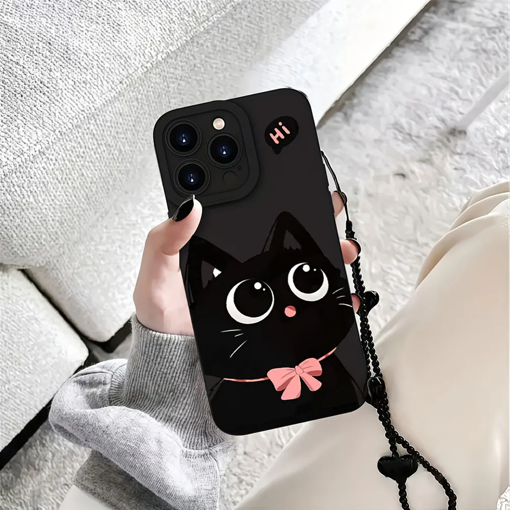 Shockproof Cartoon Black Cat Phone Case For iPhone 17 16 15 14 13 12 11 Pro Max X XS XR 7 8 15 16 14 Plus 16E With Strap Cover view 5