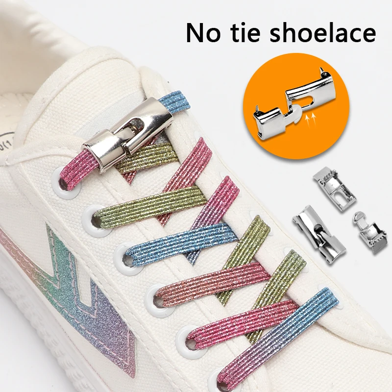 Rainbow Elastic Laces Shoes Shoelaces for Kids Adult Without Ties Silver Metals Press Lock Convenient and Fast for Sport Shoes