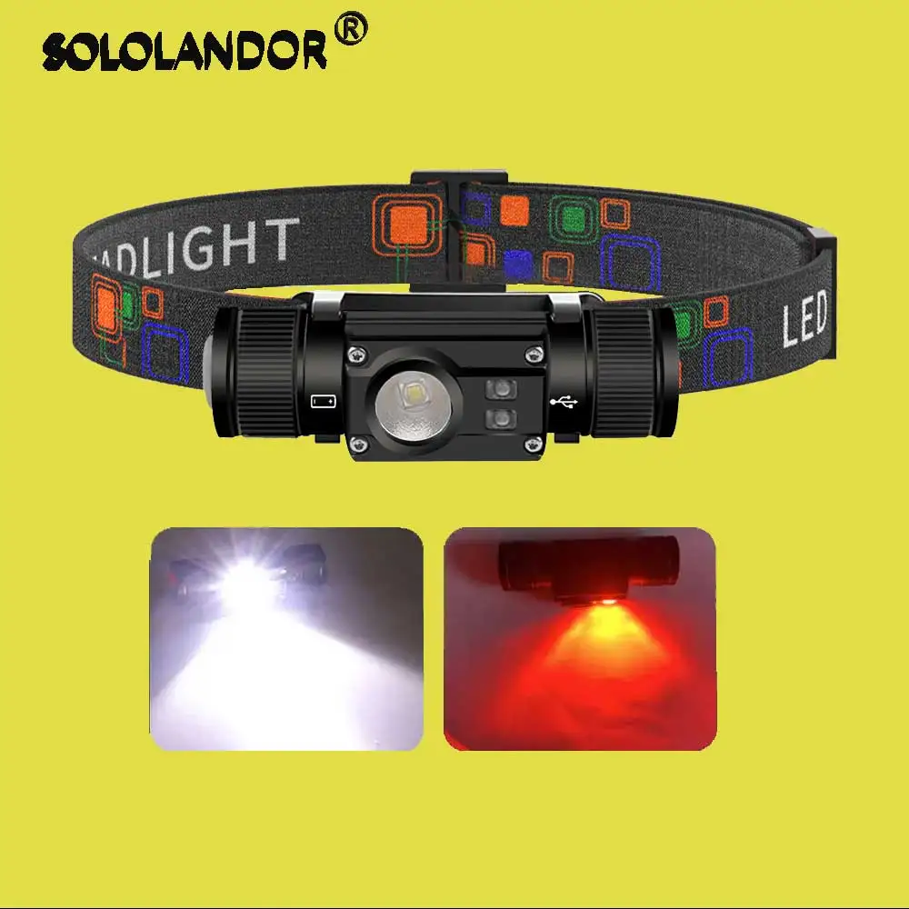 SOLOLANDOR C 타입 LED 디밍 헤드램프, L2 화이트 레드, 18650 헤드라이트, 토치 헤드램프, 메모리 기능, 플래시 라이트