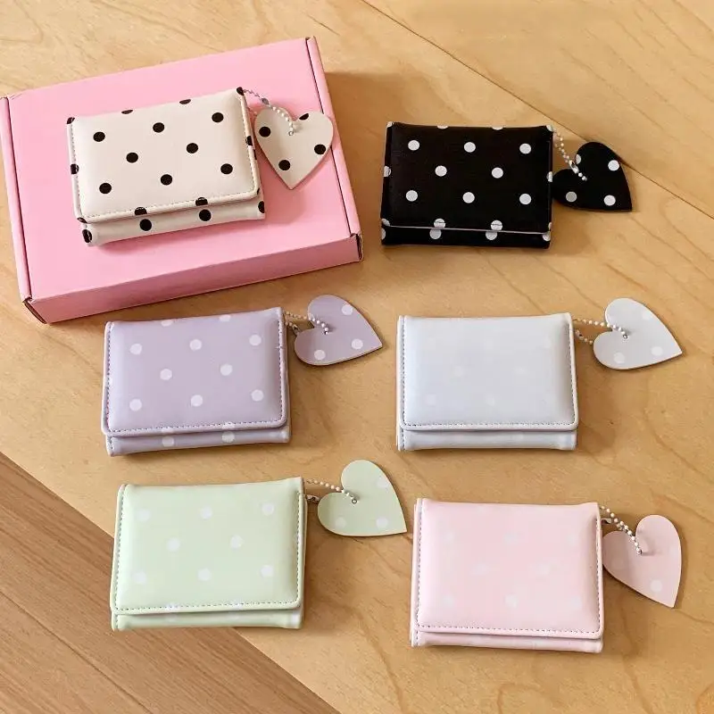 Cute Polka Dot PU Leather Wallet With Heart Pendant Large Capacity For Daily Use Casual Outings Shopping