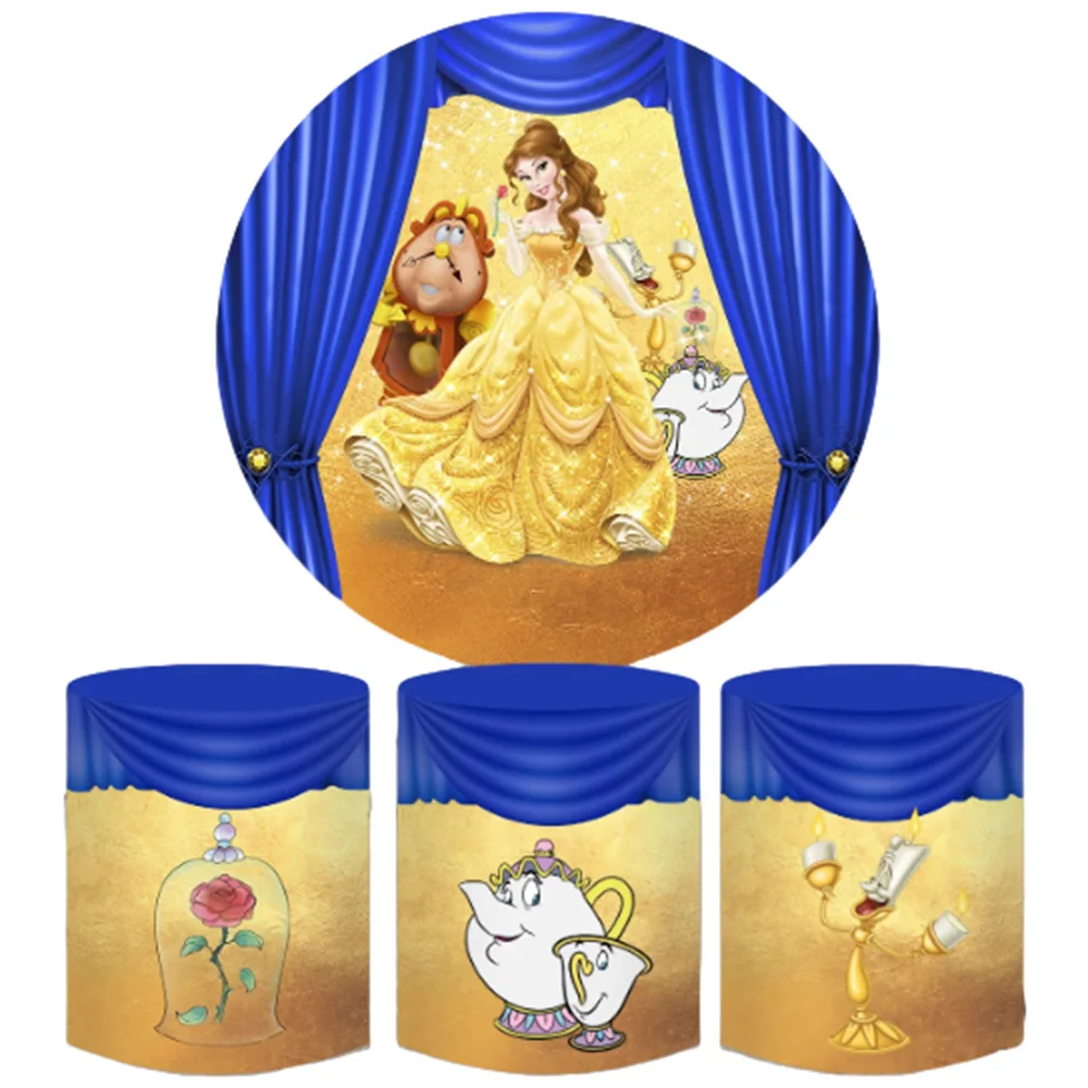 

Belle Beauty And The Beast Round Backdrop With 3 Cylinder Covers Background Photography Baby Shower Birthday Party Decor Plinth