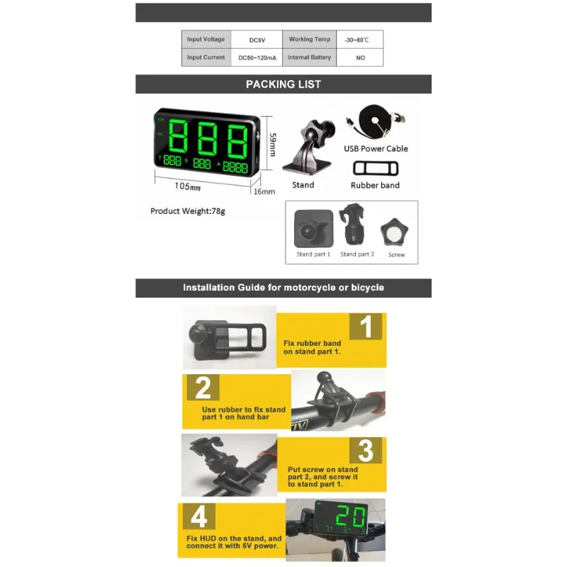 Universele 4,5 inch groot scherm GPS-snelheidsmeter C80 Head-up display met klokfunctie via snelheidsalarm