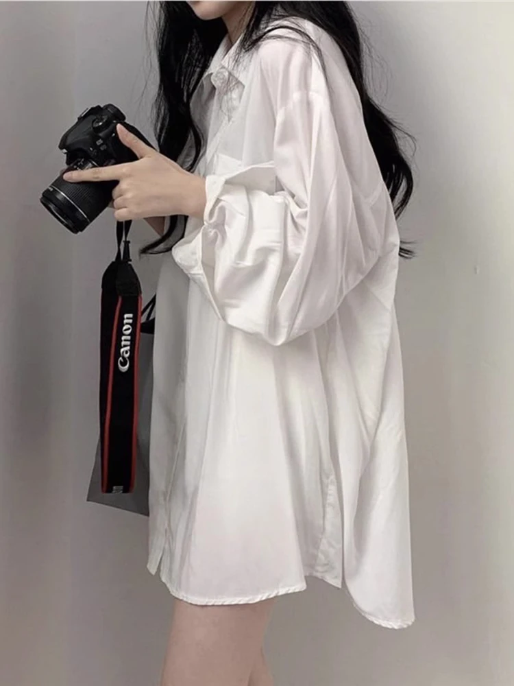 

Laid-ba Sle White Sun Protection Loose Thin Women's Mid-Length Long Sve irt Outerwear Cardigan Casual Collar