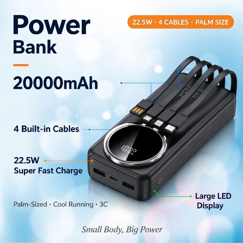 Power Bank 20000mAh 22.5W Super Fast Charging with 4 Built in Cables Palm Size Portable Charger LED Display for Phone