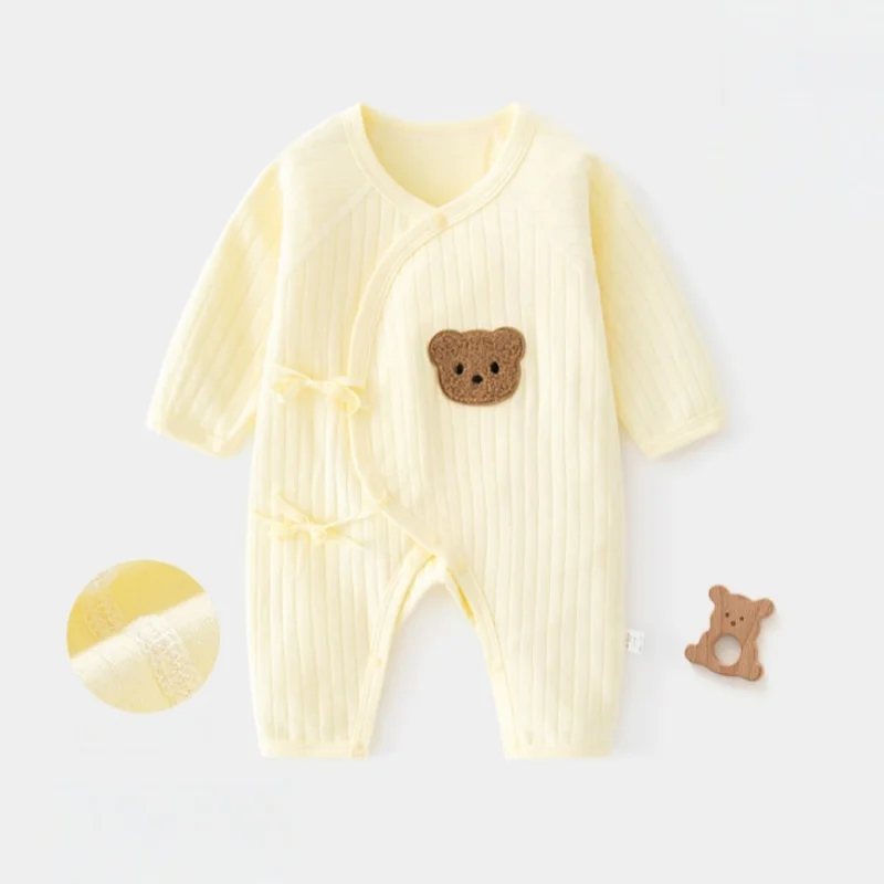 

Хлопковый комбинезон-кимоно для новорожденных (0-9 мес.) с мишкой, бесшовный, без косточек, мягкий, с бабочками, для девочек и мальчиков, повседневная домашняя одежда