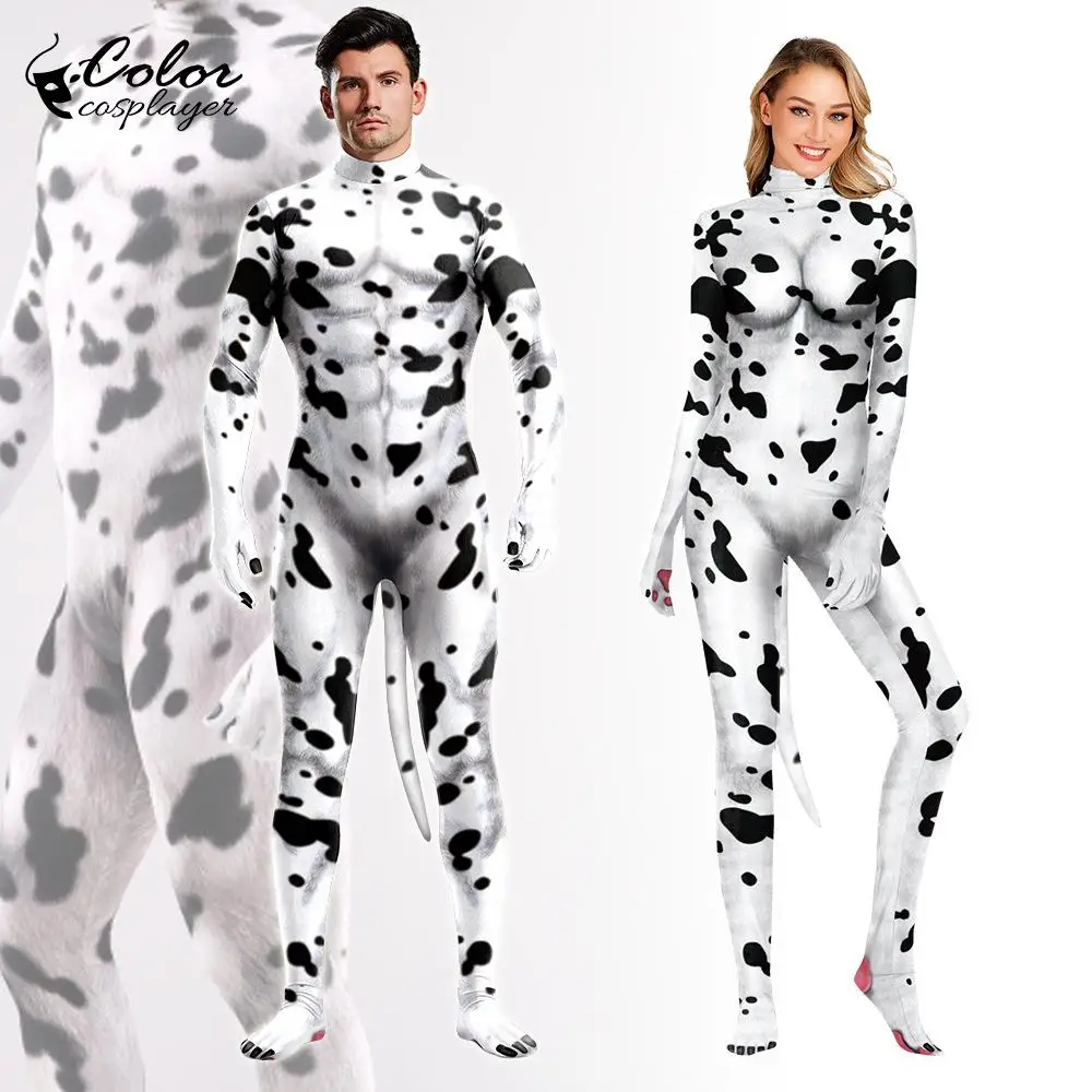 Color Cosplayer Carnival Animal Costume Couple Cosplay Catsuit Dalmatian Printed Jumpsuit Full-Cover Body with Tail Zentai