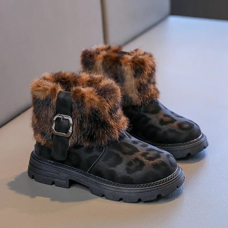 

2025 Winter New Girls' Princess Boots Leopard Print Fleece Lined Shoes Thick Sole Warm Anti-slip Comfortable Kids Ankle Boots