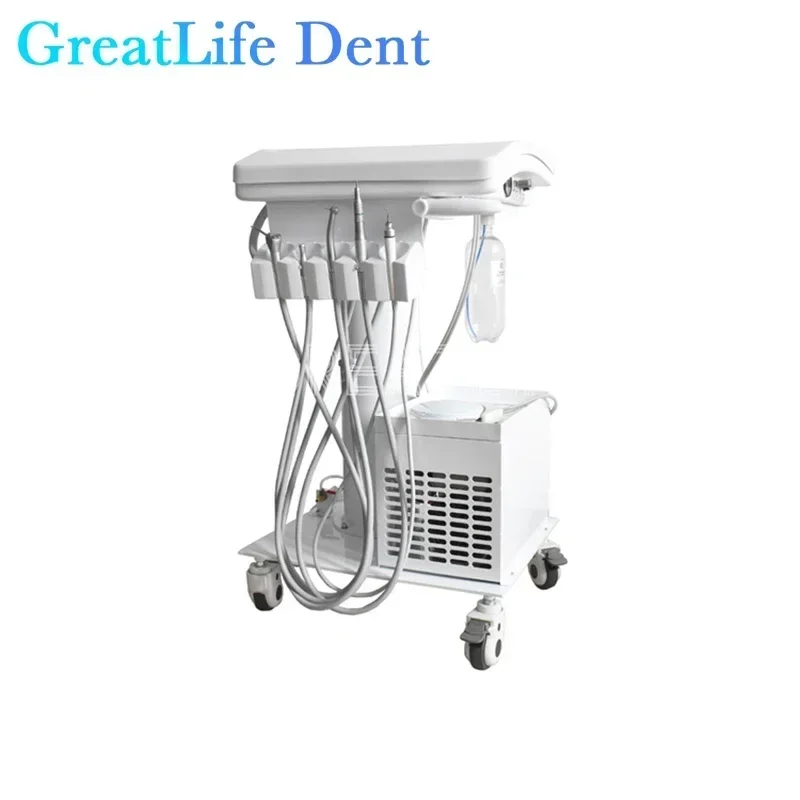 GreatLife Dent Veterinary Clinic Portable Dental Turbine Unit 2Hole 4Hole Trolley Cart+Silent Oil Free Air Compressor+Handpiece