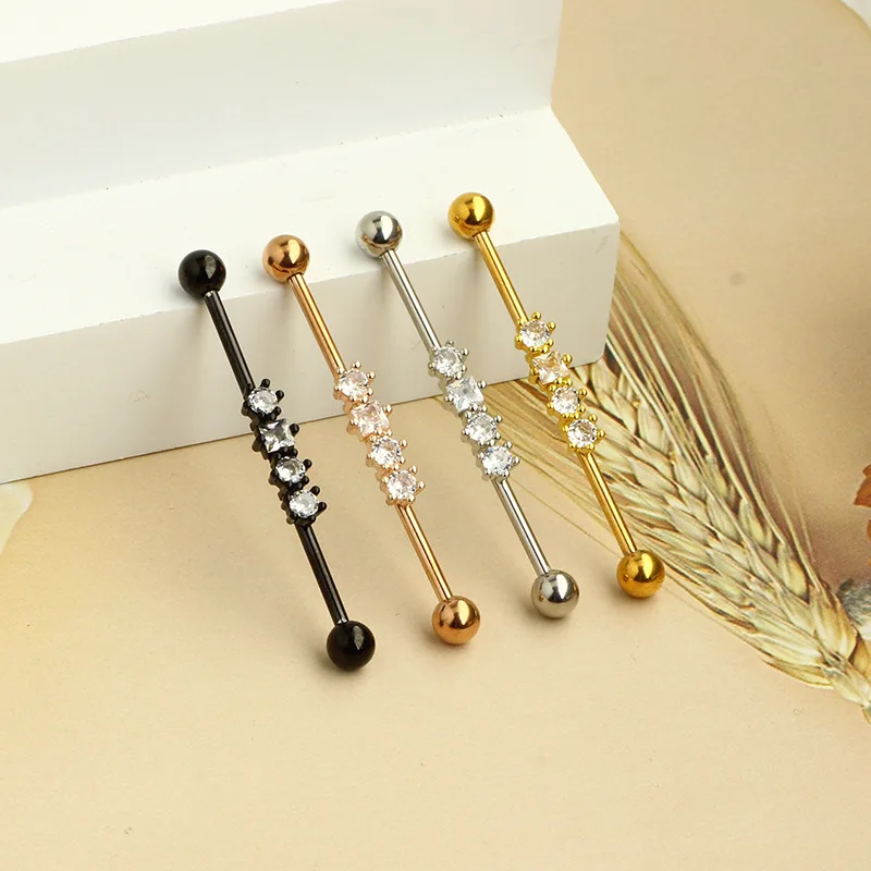 1Pcs  stainless steel Barbell stud earrings external thread piercing jewelry ear bridge double piercing straight rod zircon earr