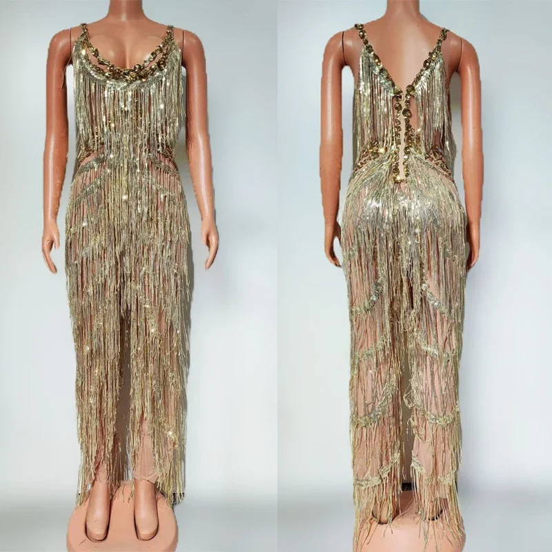 

Drag Queen Outfit Gold Rhinestones Full Fringed Jumpsuit Women Sexy Gogo Dancer Costumes Stage Dj Ds Pole Dance Clubwear