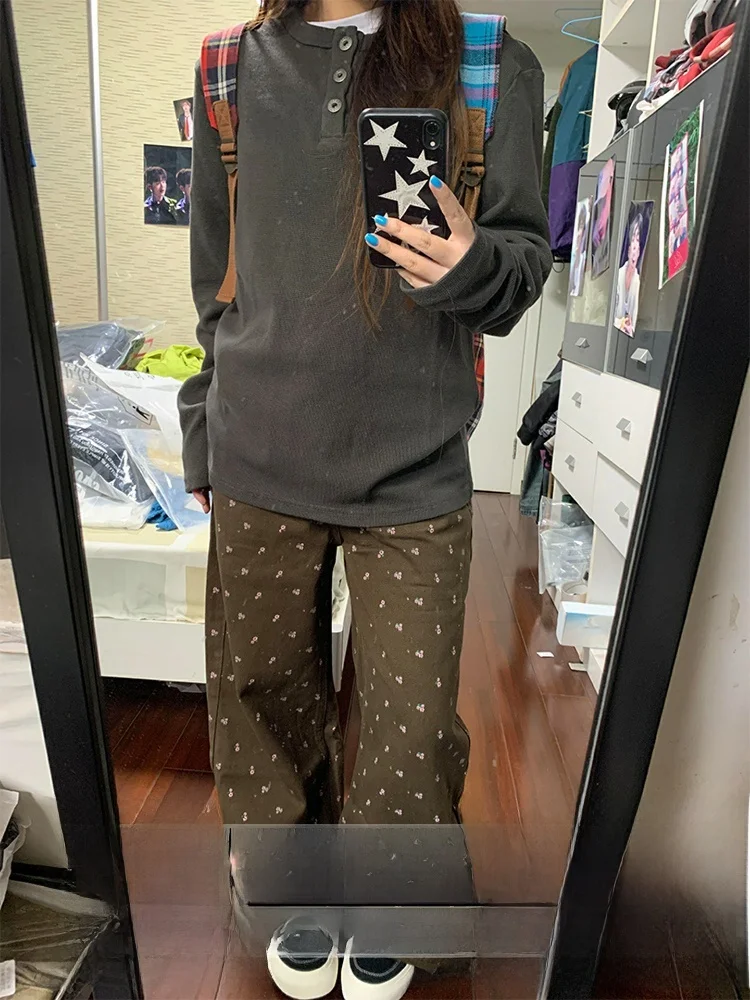 

Ретро джинсы с американским цветочным принтом кофейного цвета, женские летние новые повседневные широкие брюки с высокой талией