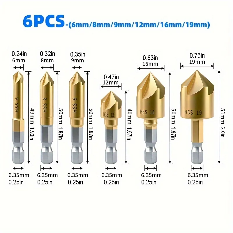 6PC Hexagonal Handle Titanium Plated Five Edge Chamfering Knife Countersunk Drill 6-19mm Woodworking Spot Facer Tool Set