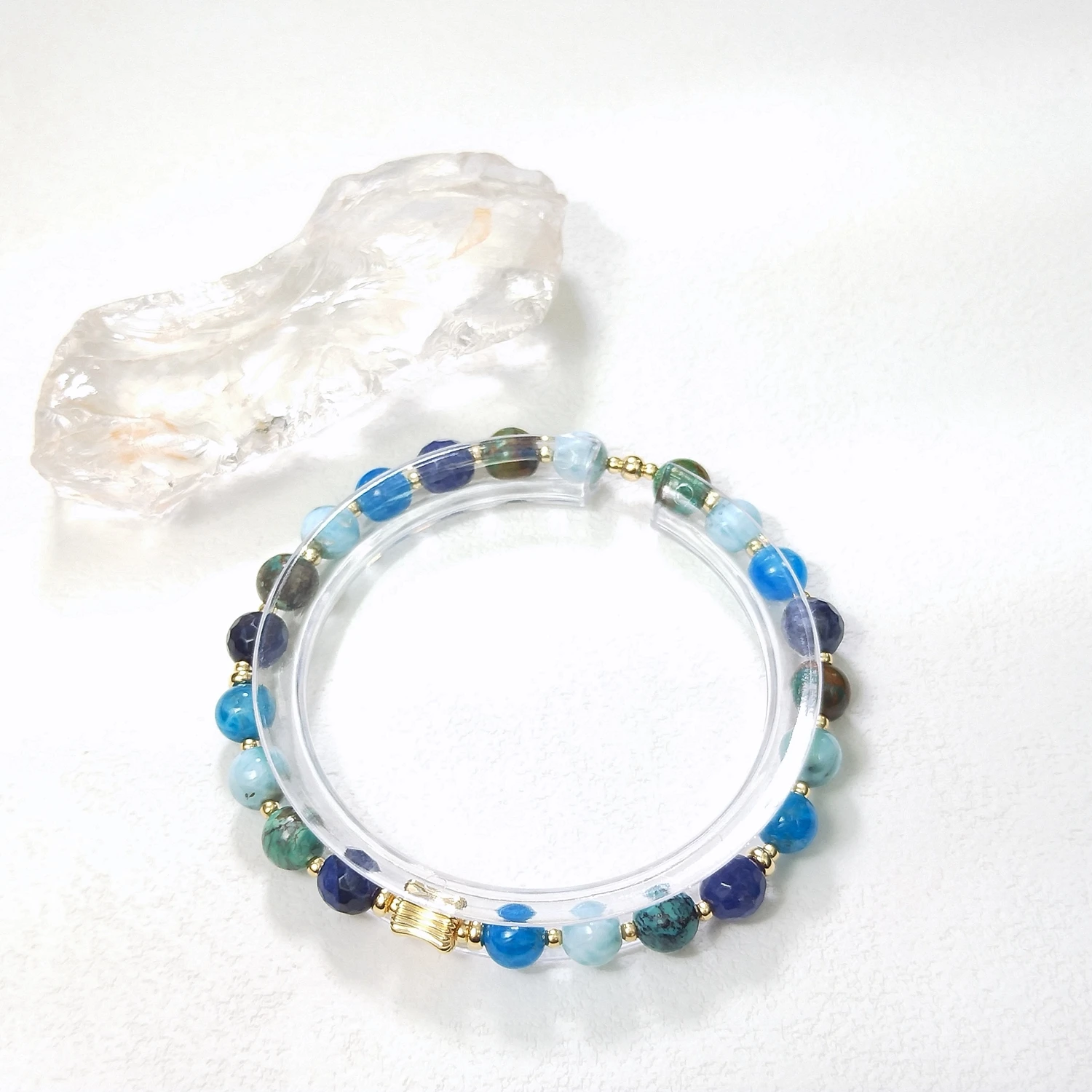 Lii Ji Natural Hubei Turquoise Larimar Sodalite Apatite 6/8mm With Crystal American 14K Gold Filled Elastic Bracelet
