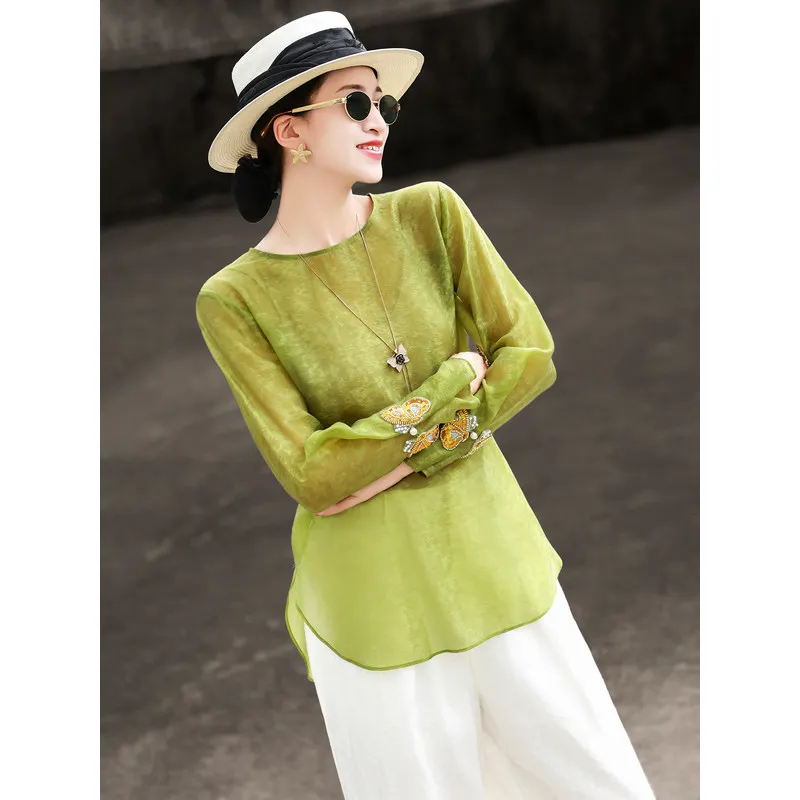 MEXCOCO Spring Autumn New Chinese Style Elegant Blouse, Round Neck Loose Fit Heavy Beaded Long Sleeve Top for Women